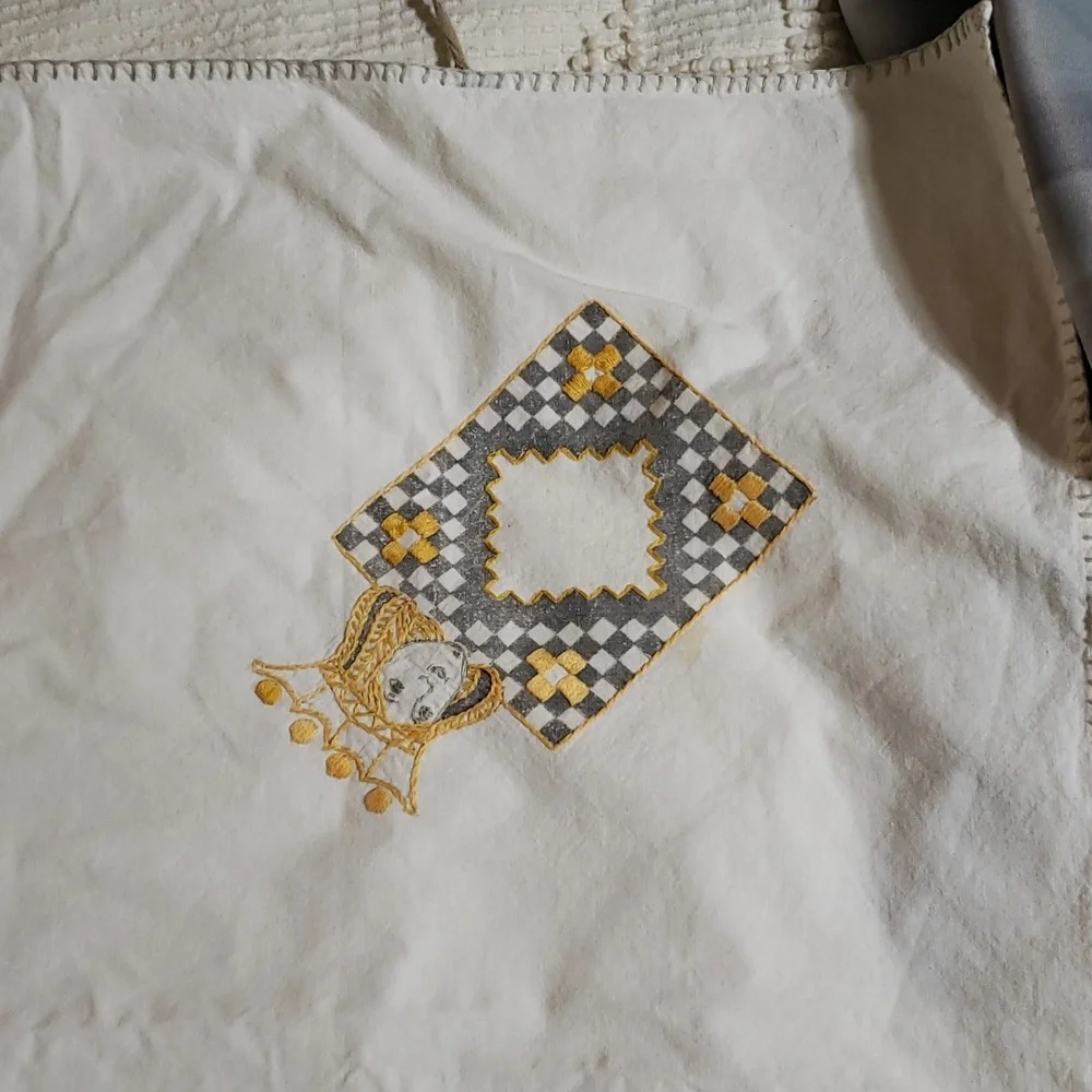 Vintage Card table cover. Handstitched pink an yellow.